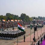 Indian Army tanks and soldiers marching during India's 77th Republic Day parade in New Delhi.