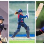 Nepali women cricketers Indu Barma, Rubina Chhetry, and Sita Rana Magar celebrating the 1000 T20I Runs milestone.