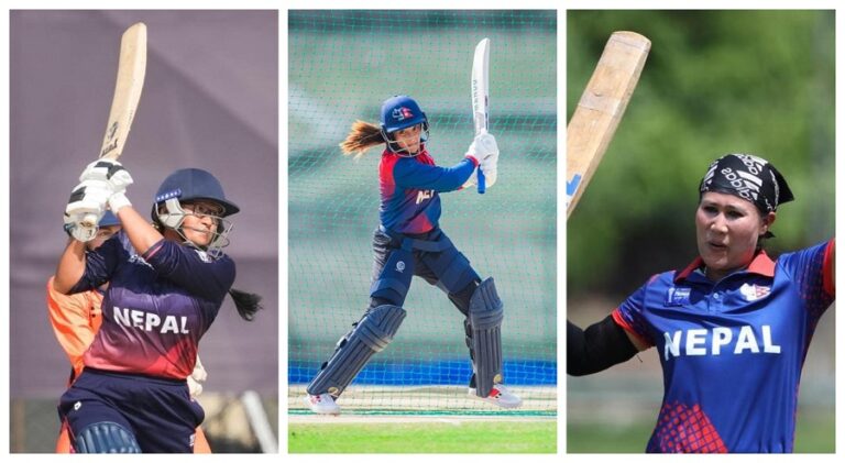 Nepali women cricketers Indu Barma, Rubina Chhetry, and Sita Rana Magar celebrating the 1000 T20I Runs milestone.